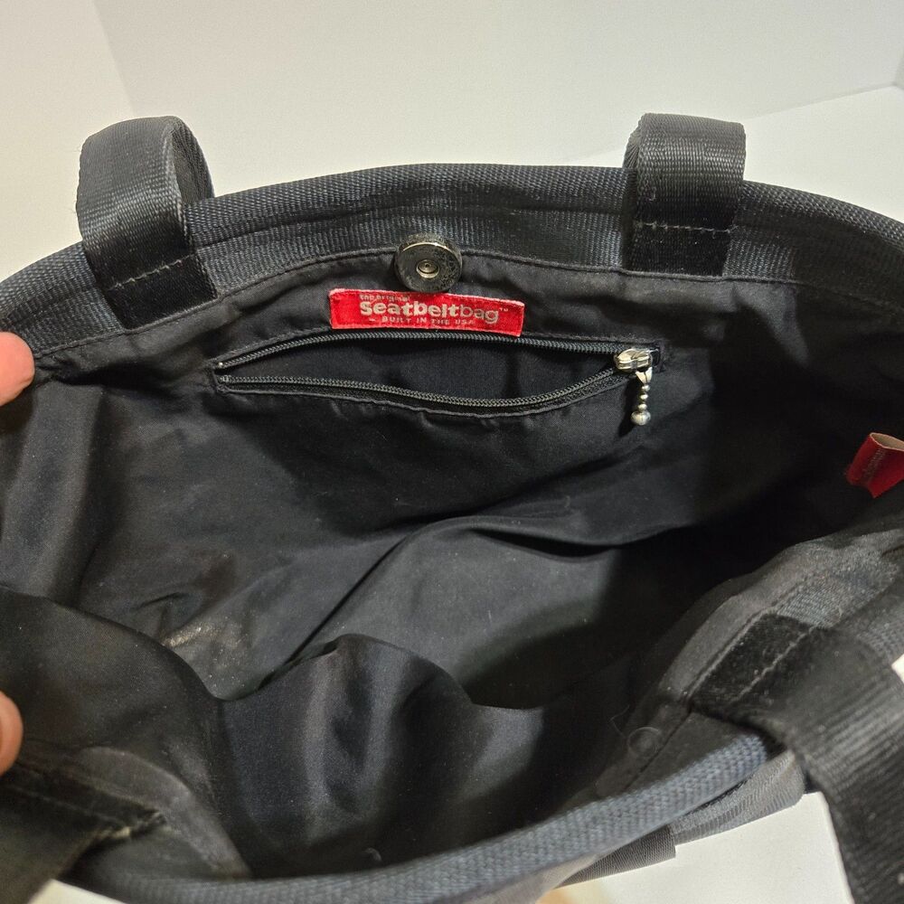 Vtg Harveys Seatbelt Black Tote Bag Handbag Shoulder Purse Long Top Handles Snap - Picture 8 of 12